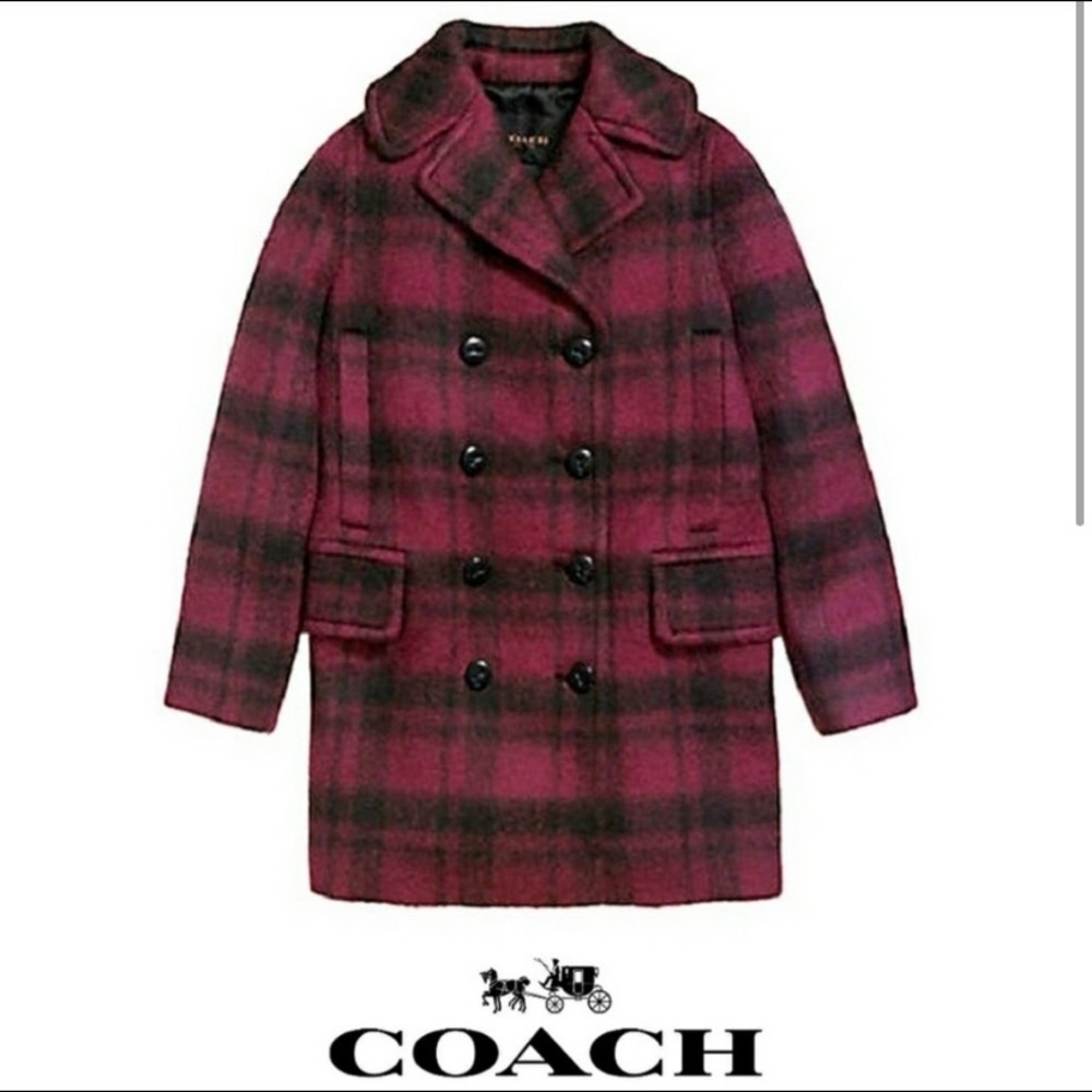 Oversized burgundy plaid coach coat